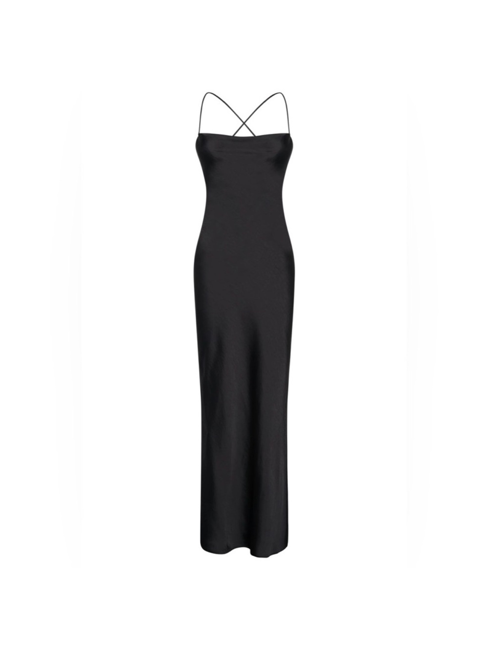 Meshki Black Satin Maxi Slip Dress with Crisscross Straps